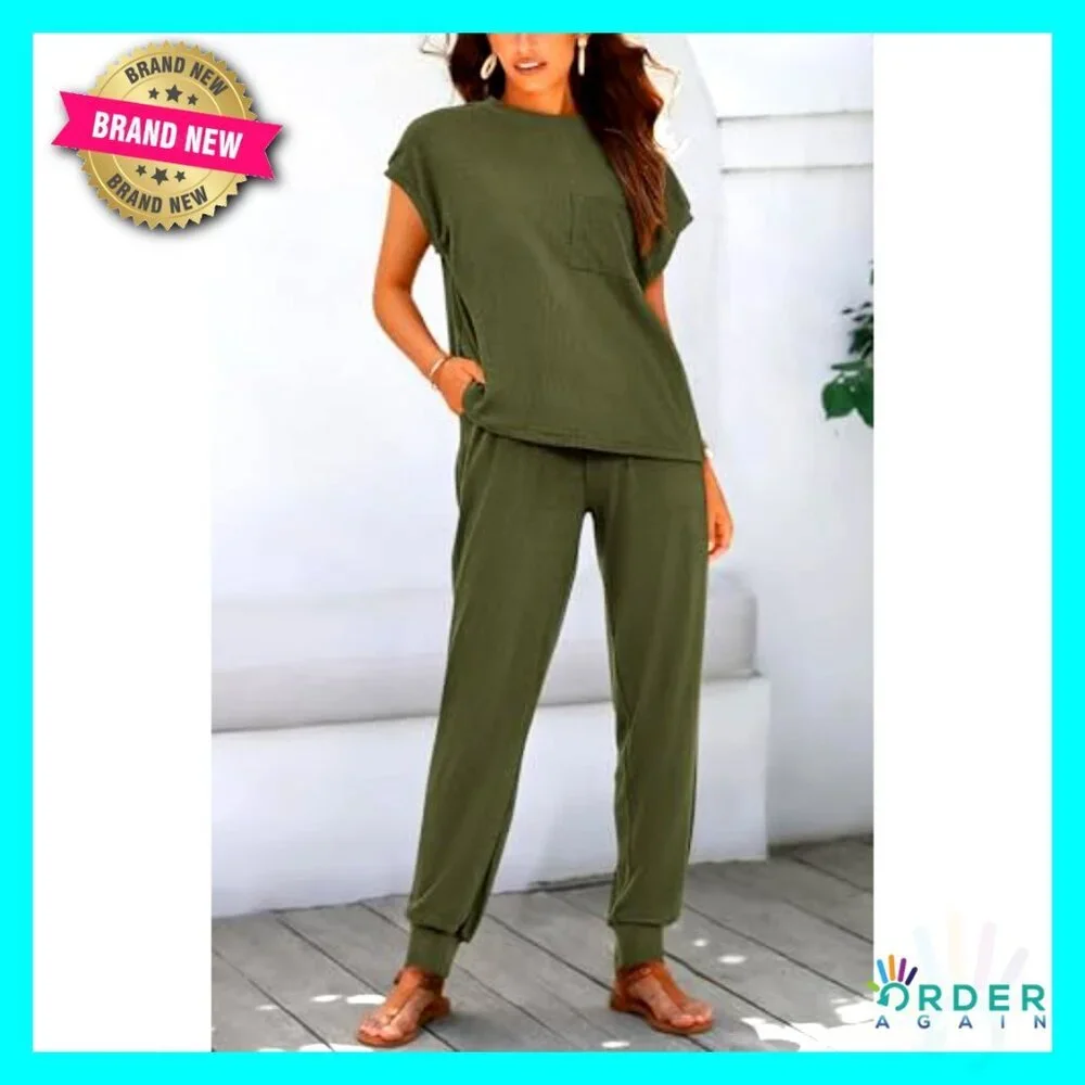 Two Piece Tracksuit Set Short Sleeve Top Long Pants Lounge Sweatsuit Y2K